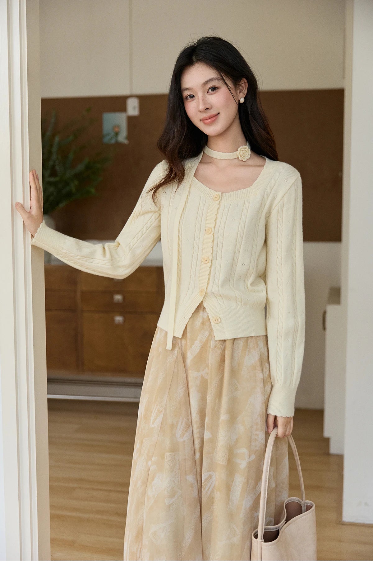 Mishow Beige Cable Knit Square Neck Cardigan MXF11Z2903