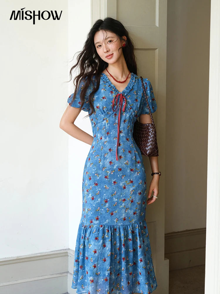 Mishow V-Neck Lace-Up Puff Sleeve Chiffon Dress MXE39L2401