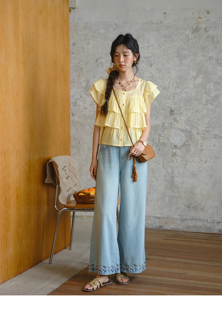 MISHOW Butterfly Sleeve Chiffon Shirt Square Neck Button MXD30X1488