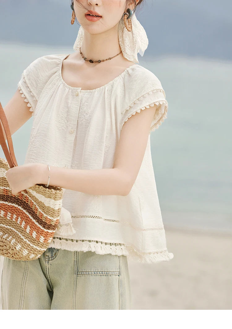 MISHOW Embroidered French Shirt Round Neck Short Sleeve MXE33X1744