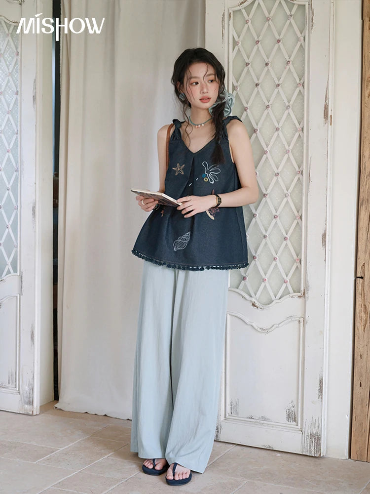 Mishow Embroidery Lace Tassel Denim Vest MXE37X1860