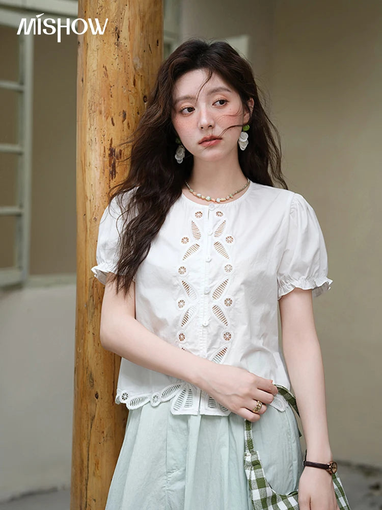 MISHOW 100% Cotton Hollow Embroidery Round Neck Puff Sleeve MXE39X1938