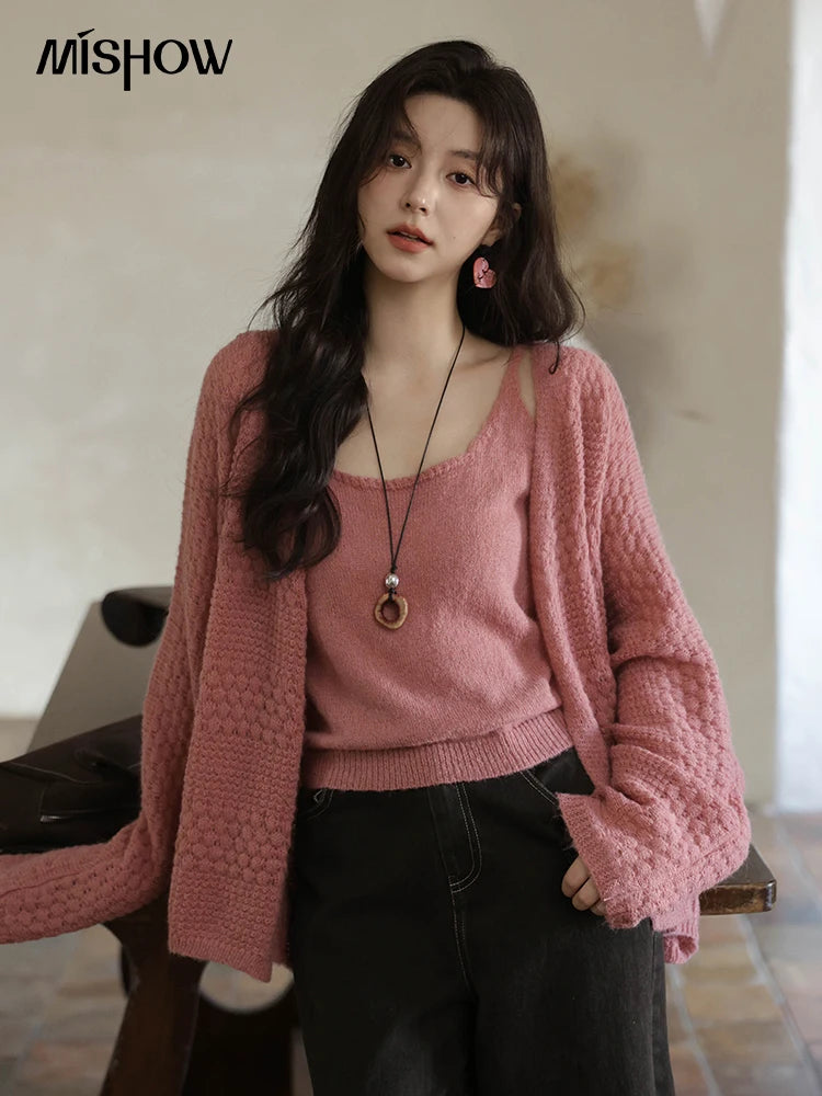 Mishow Pink Long Sleeves Cardigan with Vest Set MXE44T0737