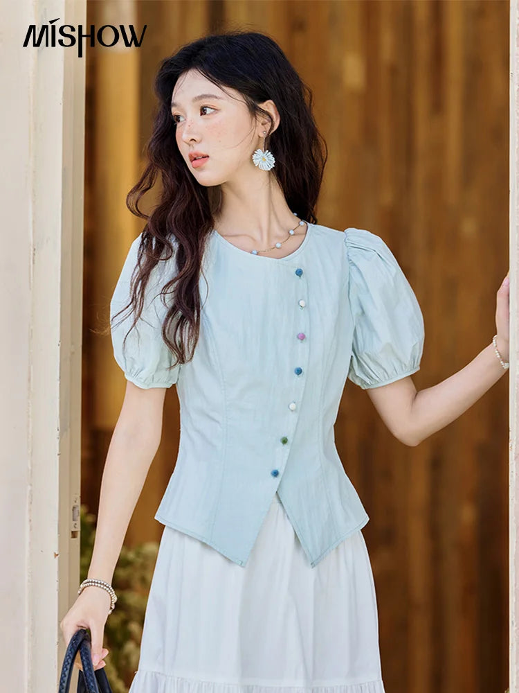 MISHOW Bubble Sleeve Blouse Irregular Placket Rainbow Buttons MXE34X1782
