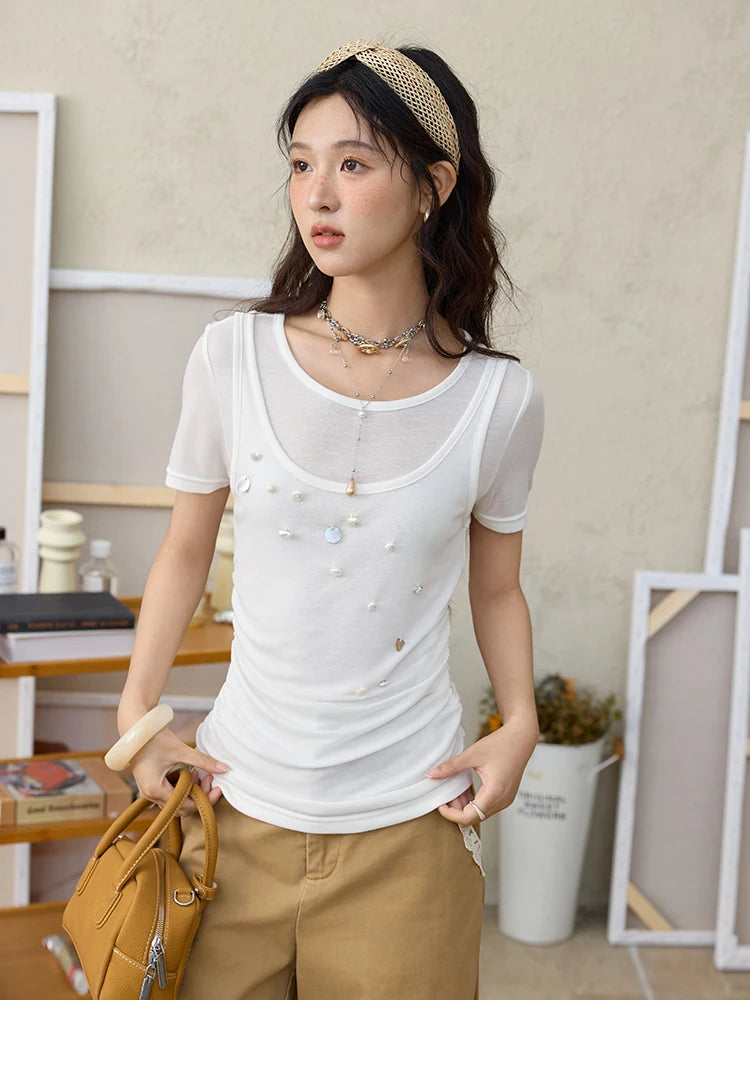 Mishow White Fake Two-Piece Bead Tee MXE35T0566