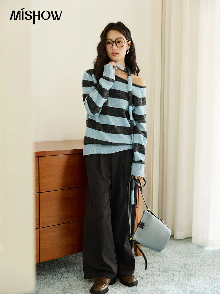 Mishow Blue Gray Slanted Shoulder Ribbon Sweater MXE46Z2540
