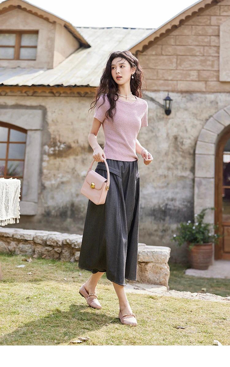Mishow Back Hollow Pearl Button Knit Tee MXE13Z1072