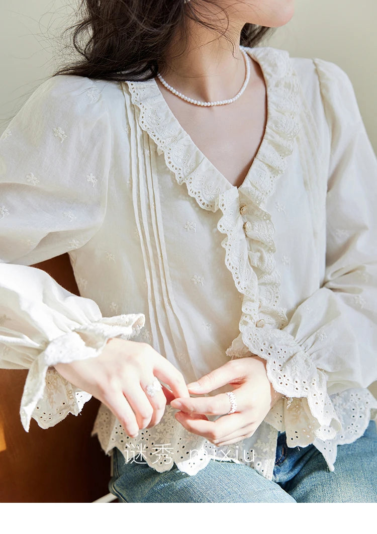 MISHOW V-Neck Long Sleeve Blouse Solid Loose Fold Detail MXE14X1732