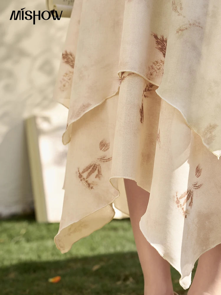 MISHOW Long Flowy Skirt Irregular High Waist A-Line Print Zipper MXD11B0215