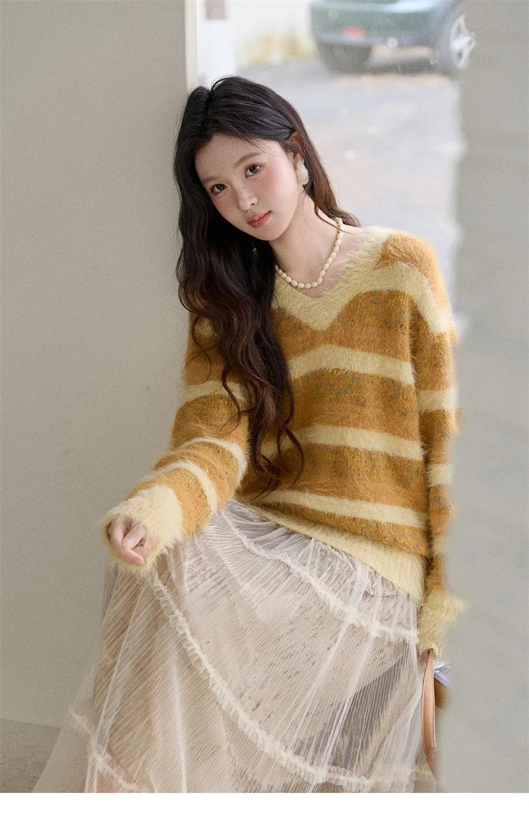 Mishow Retro Yellow Striped Faux Mink Jacquard Sweater MXE87Z2766