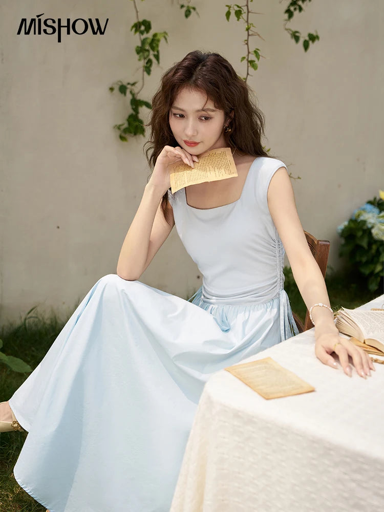 Mishow Square Neck Patchwork Side Drawstring Dress MXD23L1818