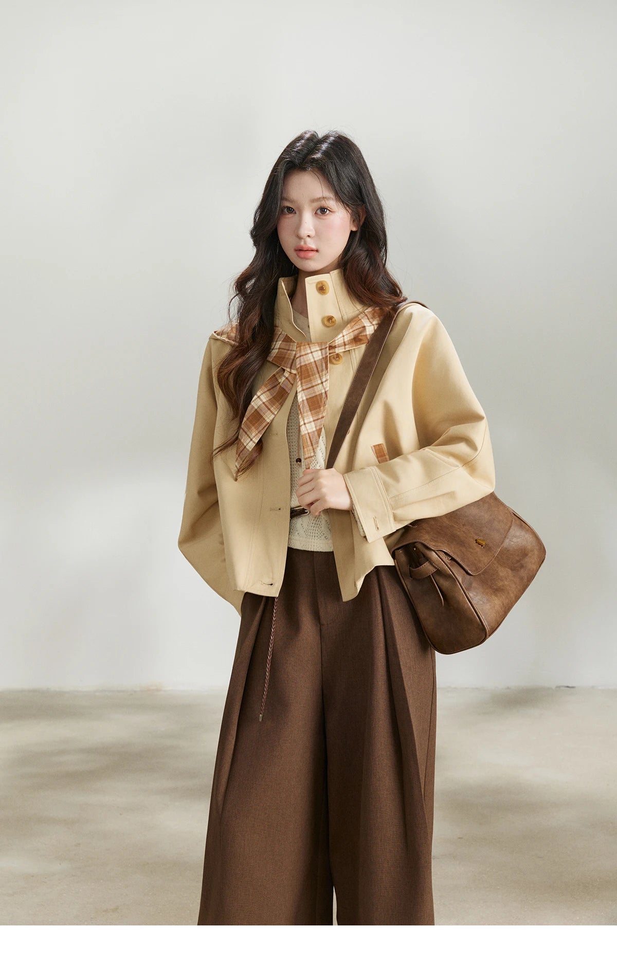 MISHOW Khaki Cropped Trench Coat Lapel Stand Collar MXF108W1003