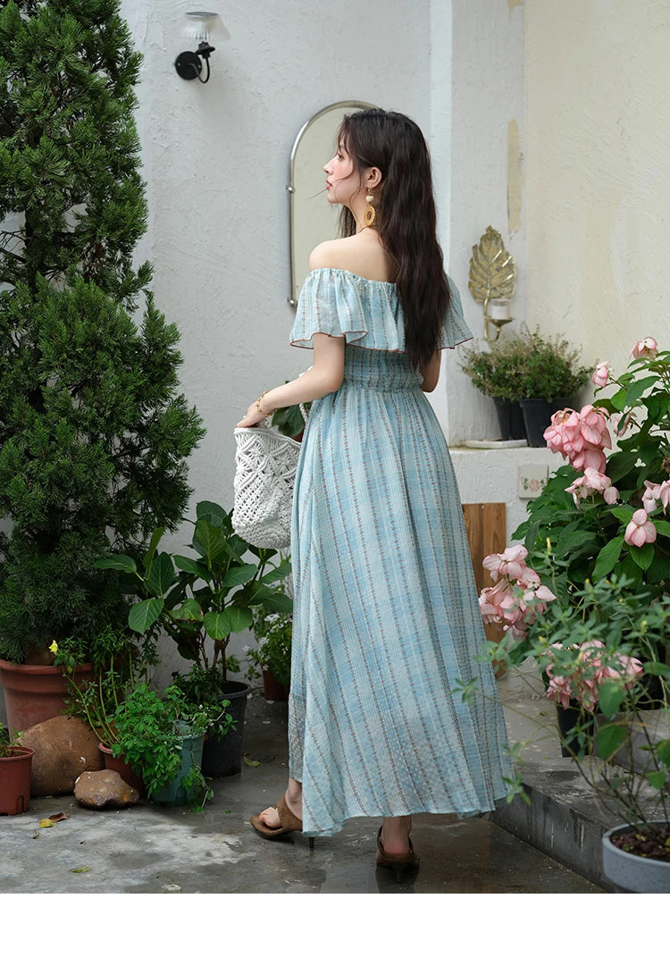 Mishow French Slash Neck Striped Chiffon Dress MXE39L2380