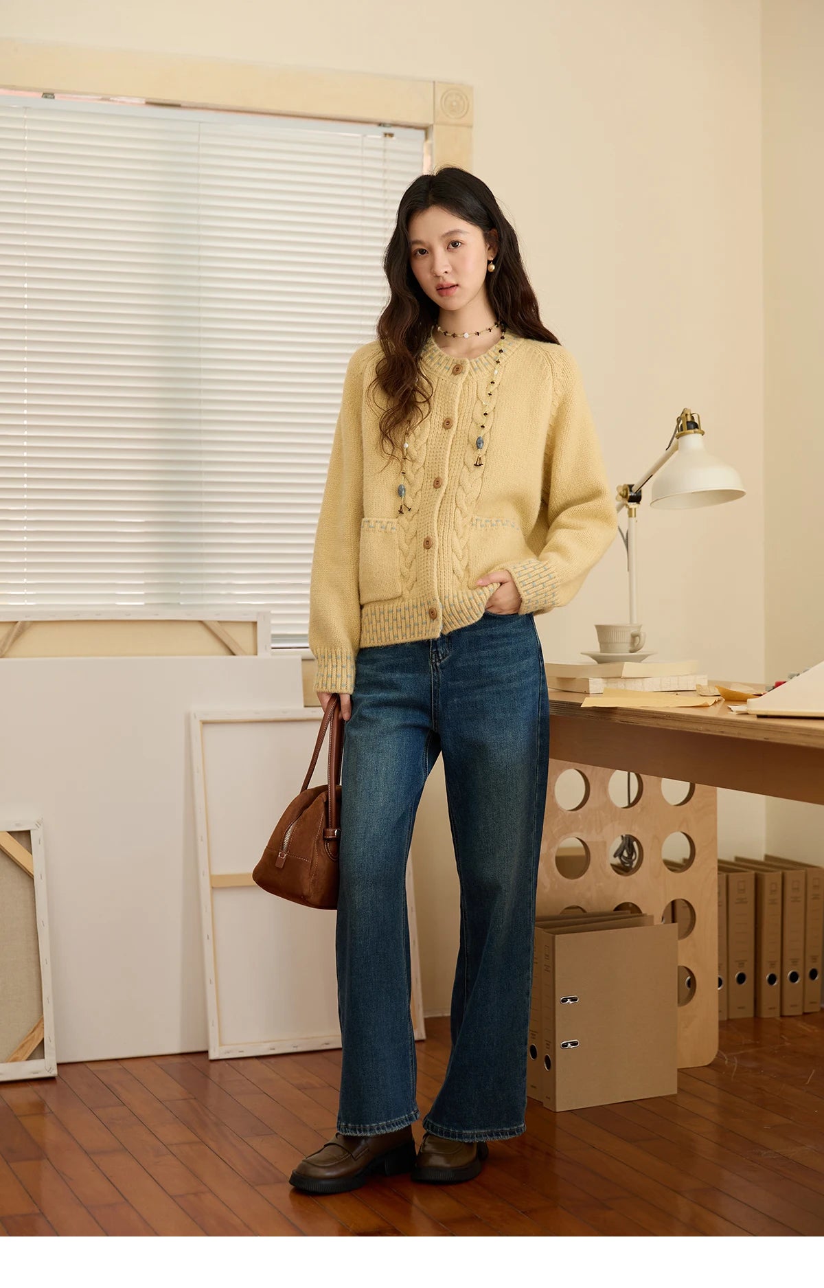 Mishow Yellow Cable Knit Hand-Drawstring Cardigan MXE47Z2566