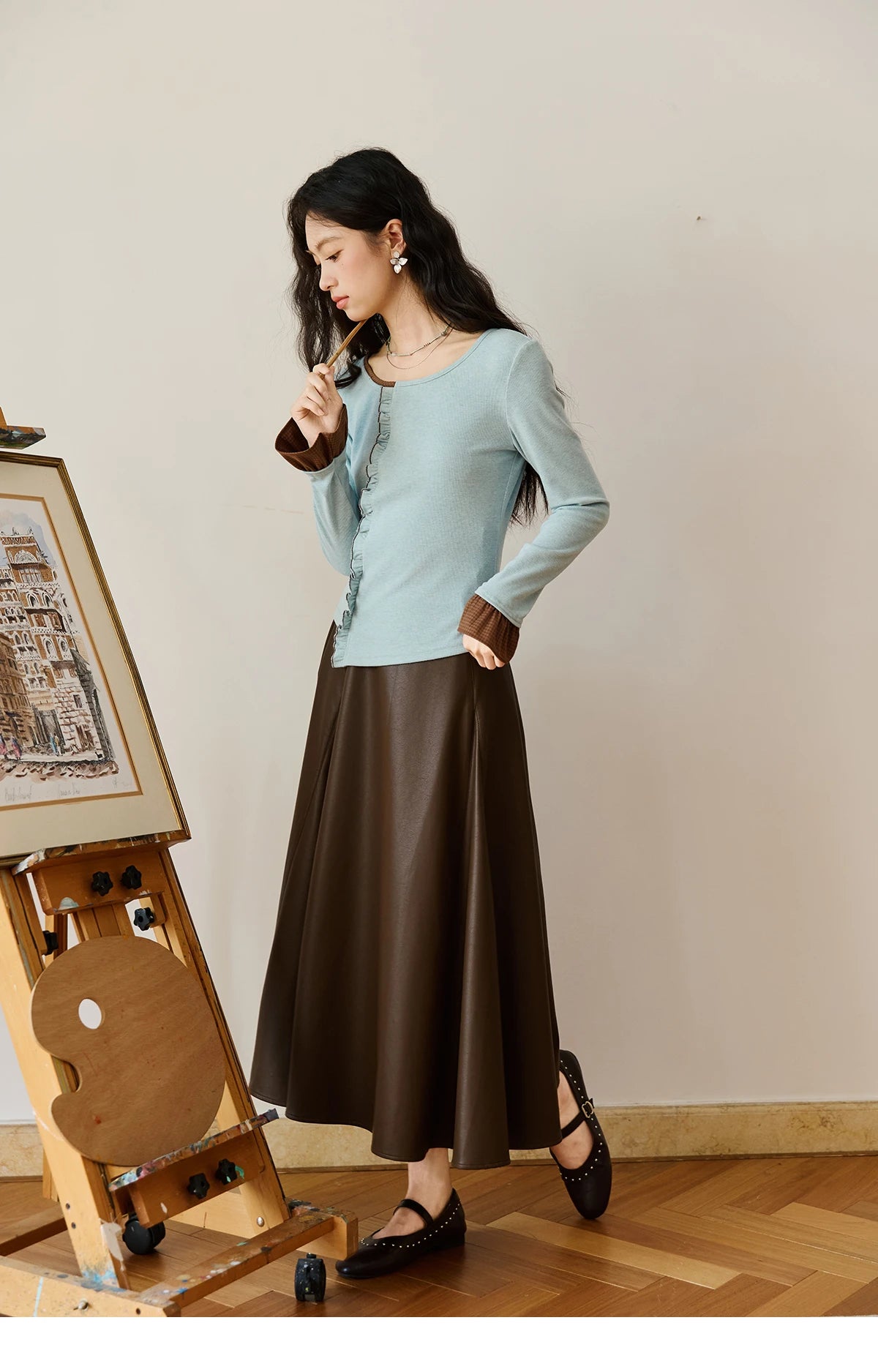 MISHOW PU Leather A-Line Skirt High Waist Retro Coffee MXE45B2412