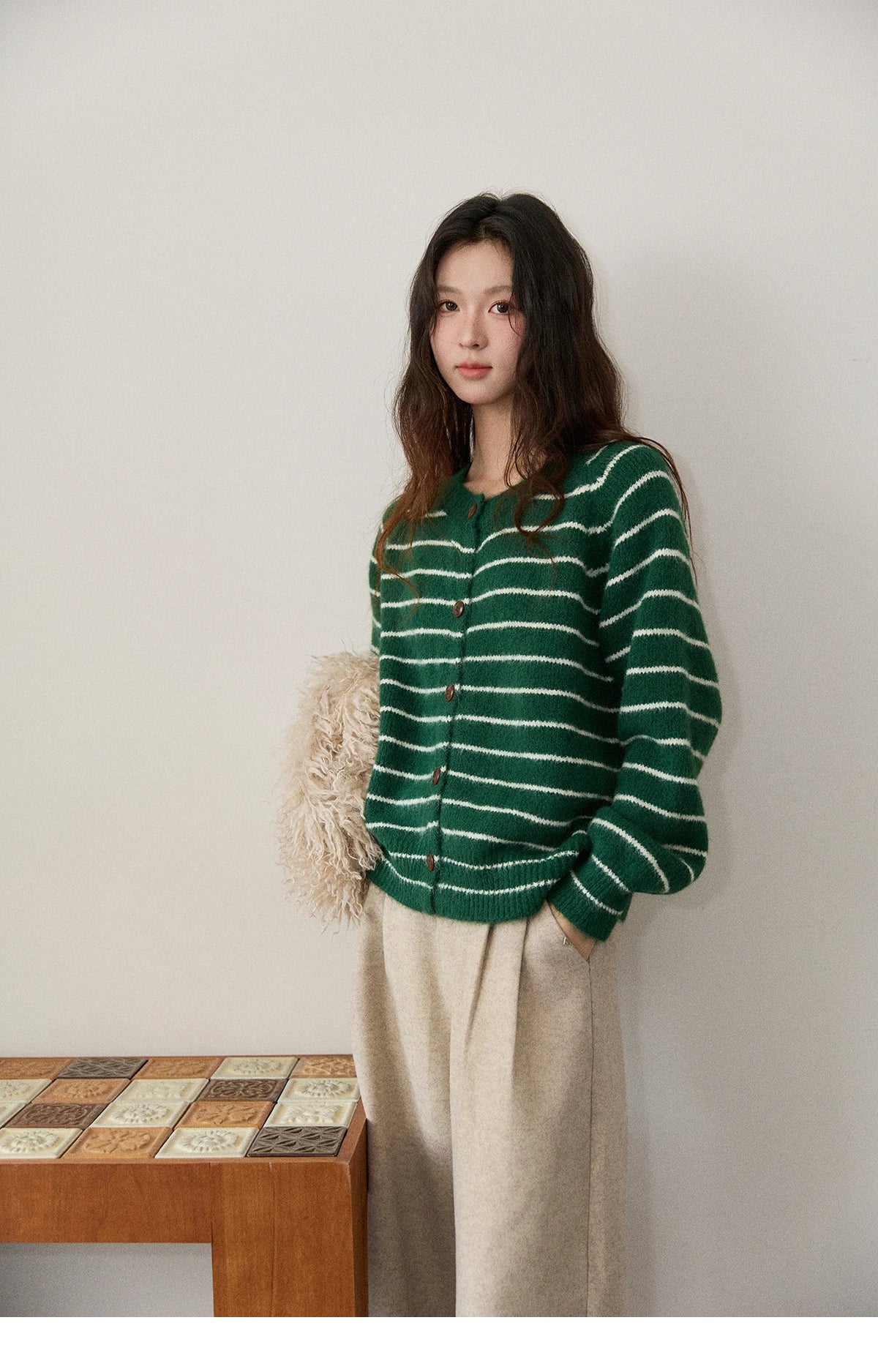 Mishow Green Striped Wool Blend Retro Cardigan MXE86Z2735