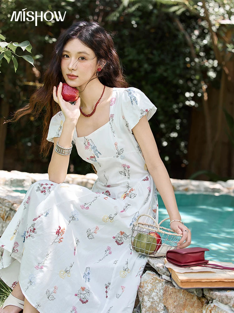 Mishow French Embroidery Square Neck Puff Sleeve Dress MXE39L2389