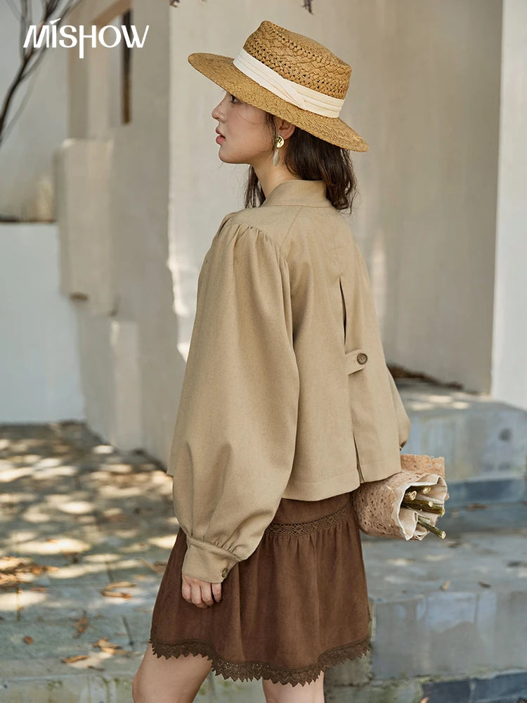 Mishow British Light Brown Stand Collar Trench MXE43W0802
