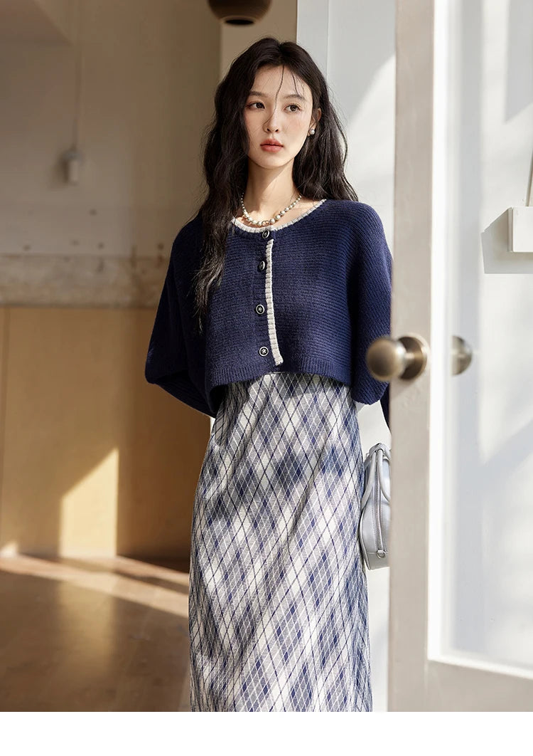 Mishow French Knitted Cardigan & Plaid Camisole Dress Set MXD43L2012