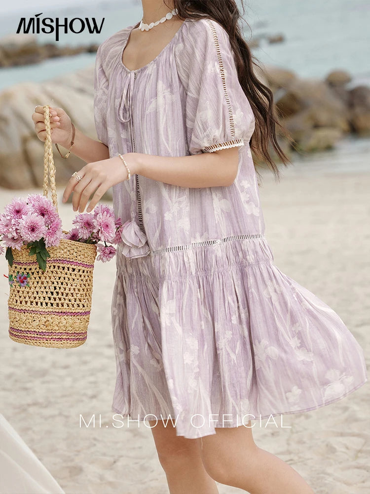 Mishow Print U-Neck Lace Hollow Chiffon Dress MXE32L2164