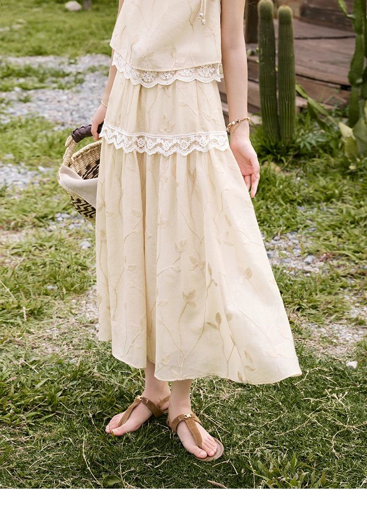 Mishow Short Flying Sleeve Top & Hollow Embroidery A-Line Skirt Set MXE33T0545