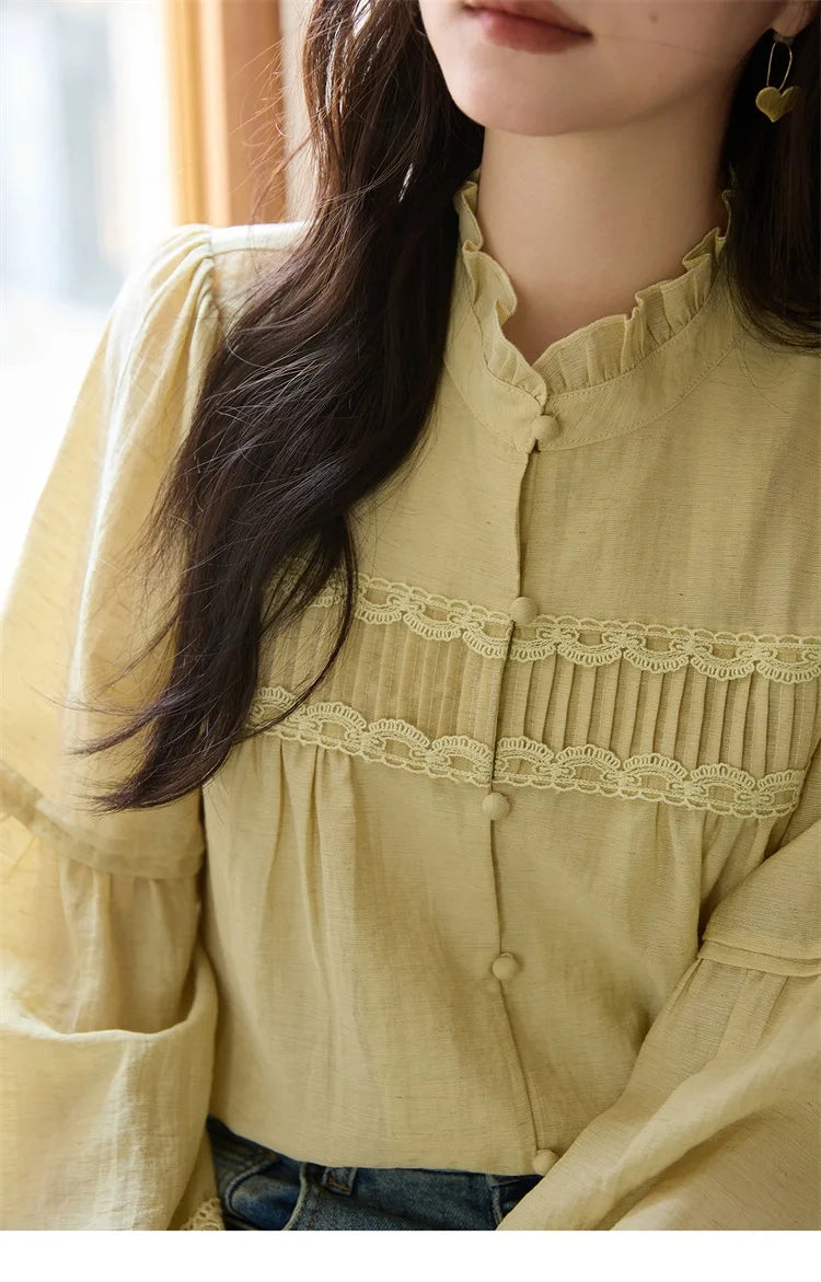 MISHOW Women's Light Yellow Linen Shirt Stand Collar Lace Sleeves MXE42X1976