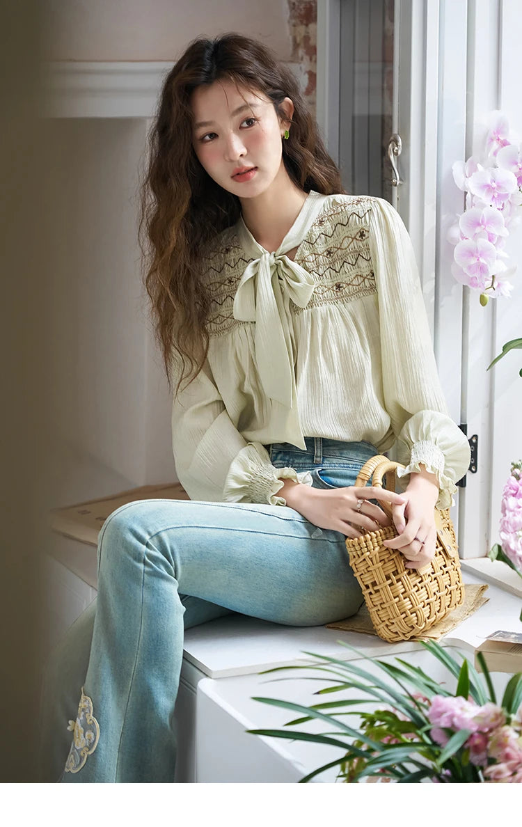 MISHOW Ribbon Collar Shirt Sweet Cuffs Pleated Embroidered Petal Sleeve MXD14C0226