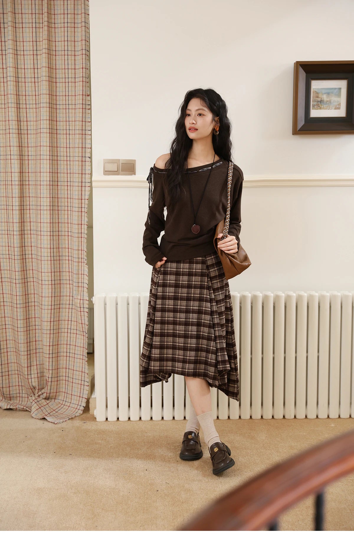 Mishow Slant Shoulder Dark Brown Strap Knit Top MXE45T1402