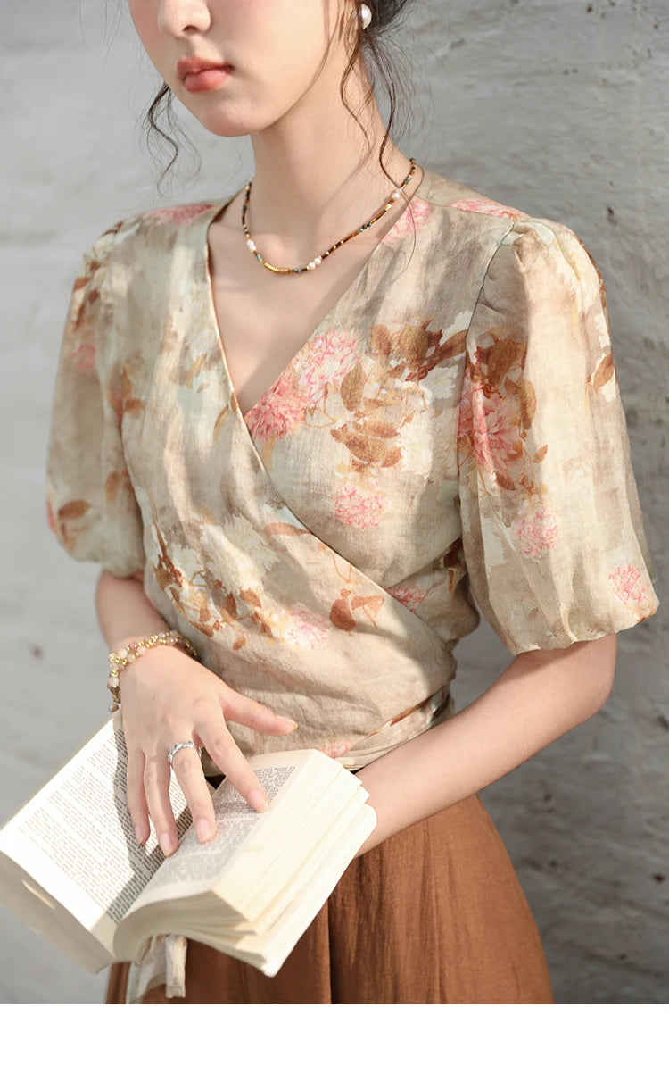 MISHOW French V-Neck Floral Puff Sleeve Blouse MXD28X1619