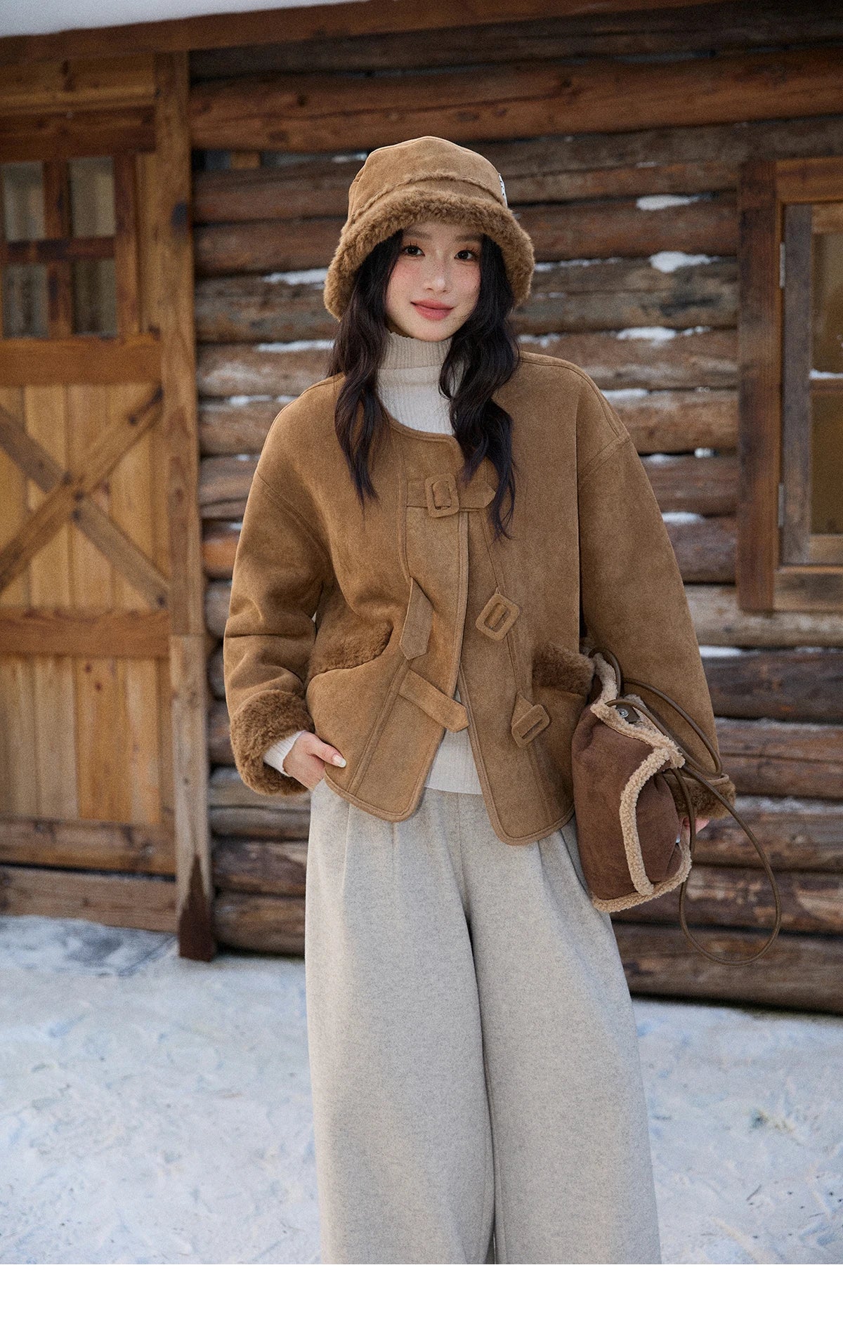 MISHOW Brown Round Neck Coat Button Pockets Loose Windproof MXE90W0994