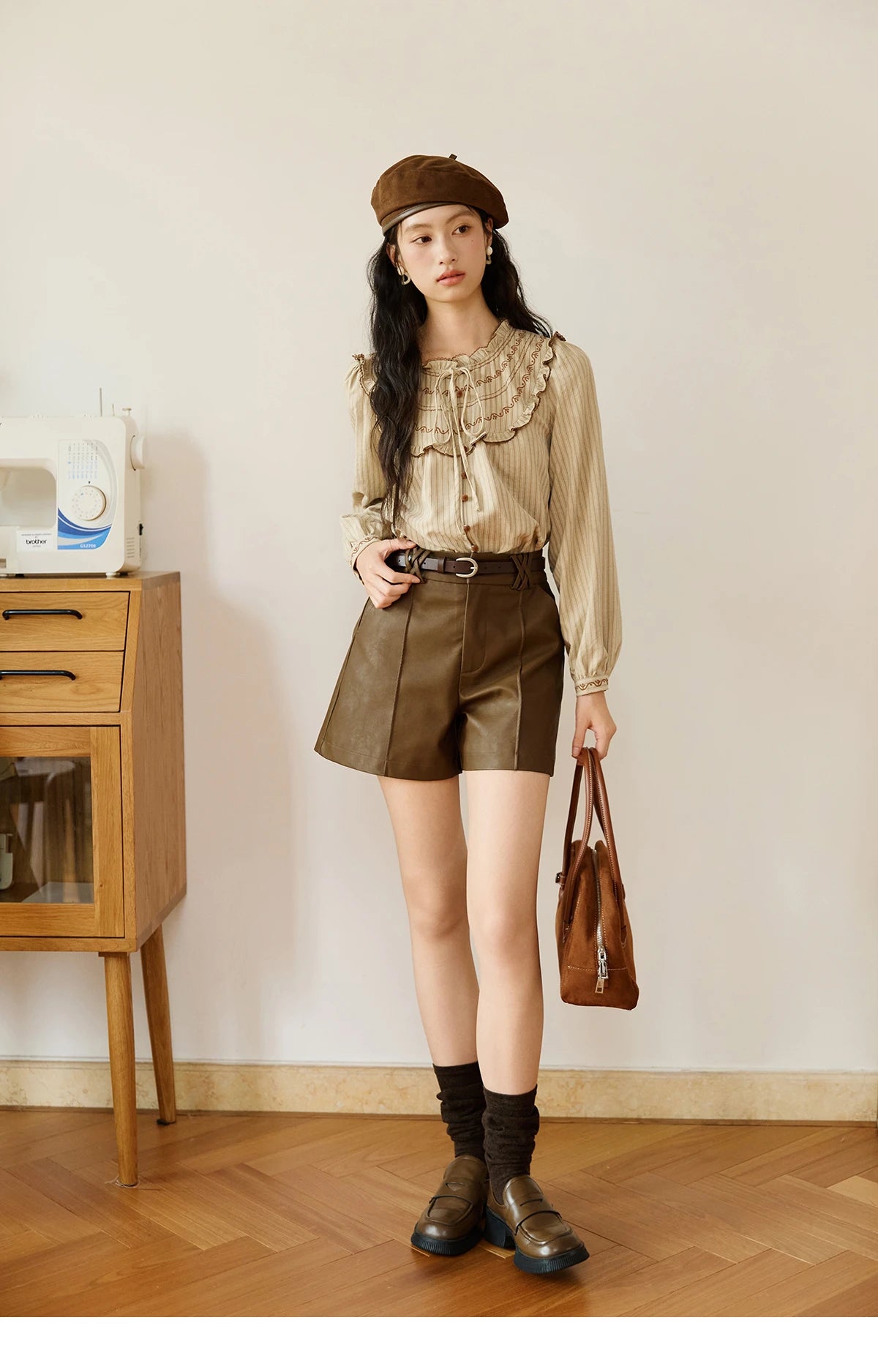 MISHOW Striped Shirt Wood Ear Edge Round Neck Embroidery MXE46X2492