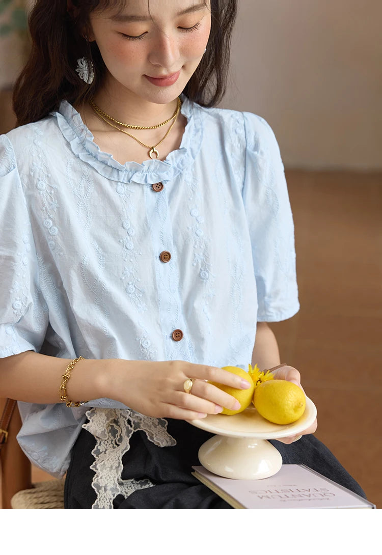 MISHOW 100% Cotton Puff Sleeve Shirt Round Neck Button MXE36X1873