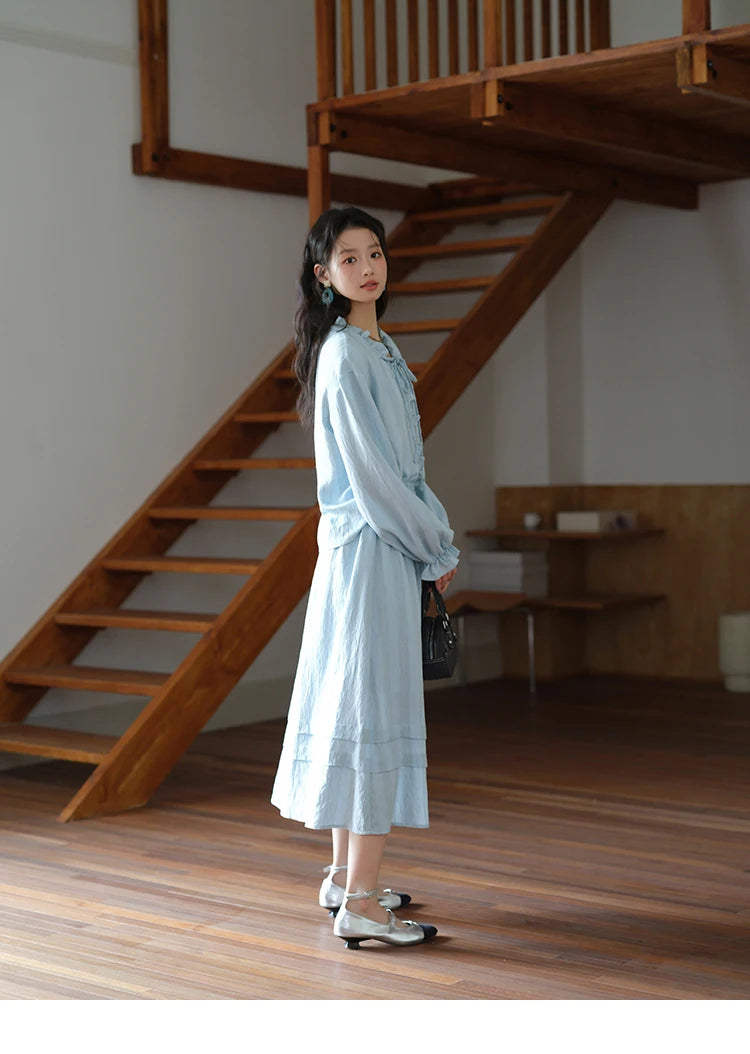 Mishow Light Blue Linen V-Neck Lace-Up Shirt & Elastic Skirt Set MXE41T0700
