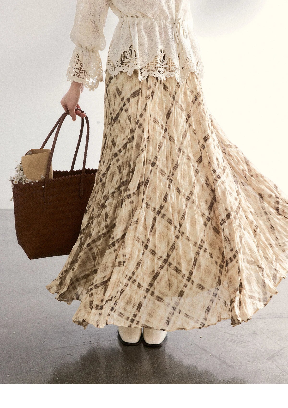 MISHOW Beige Plaid Maxi Skirt High Waist Flowy Elastic MXF108B0769