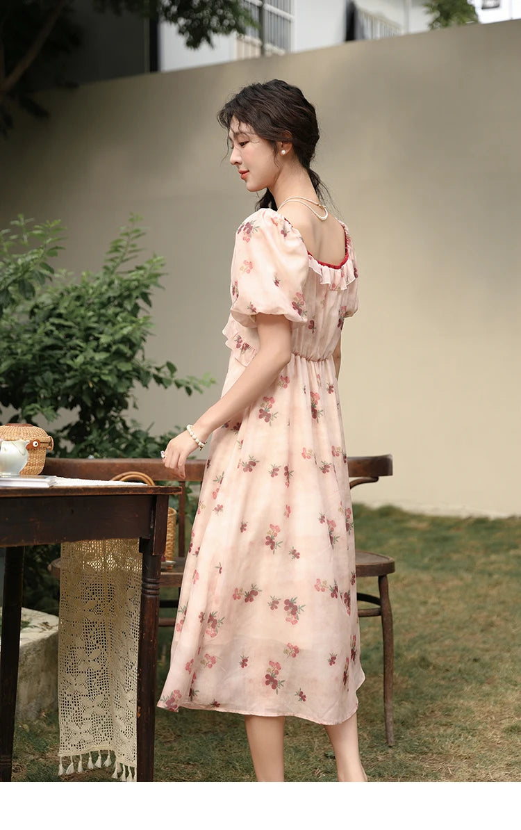 MISHOW Korean Floral Bubble Sleeve Lace-Up Dress MXD31L1924