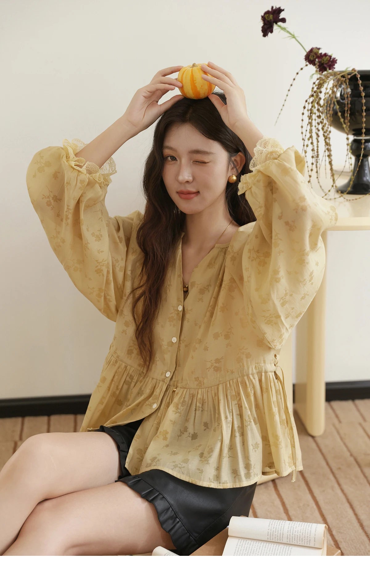 MISHOW Yellow Print Shirt Lantern Sleeve Drawstring Waist MXE45X2499