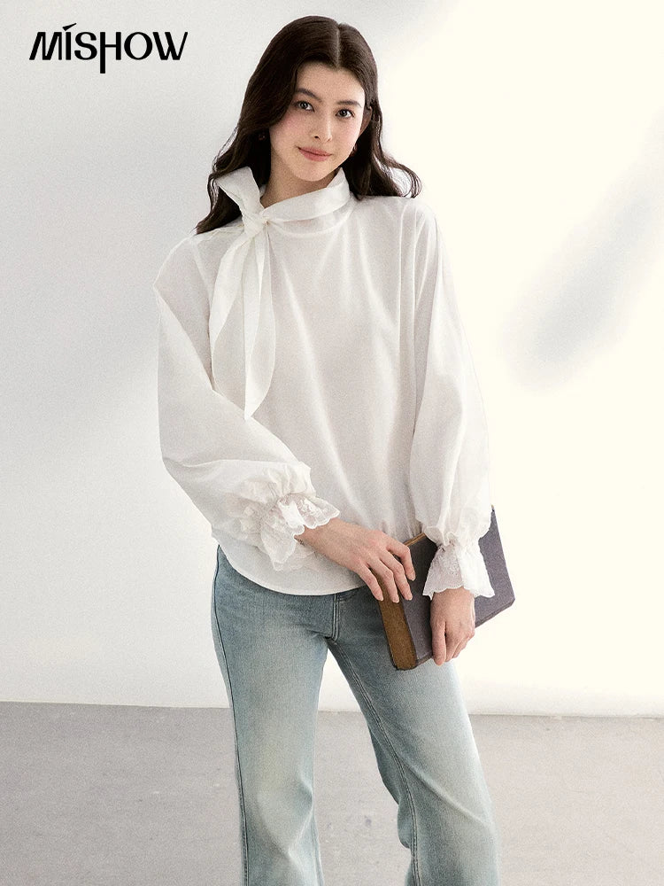 MISHOW White Blouse Bow Tie Neck Lantern Sleeve Lace Patchwork MXF108C0814