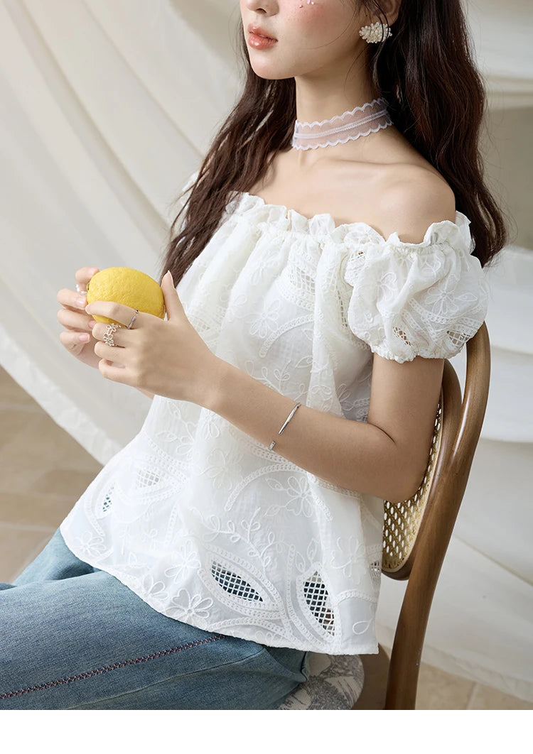 MISHOW Slash Neck Lace Blouse Short Sleeve Solid MXE35X1775