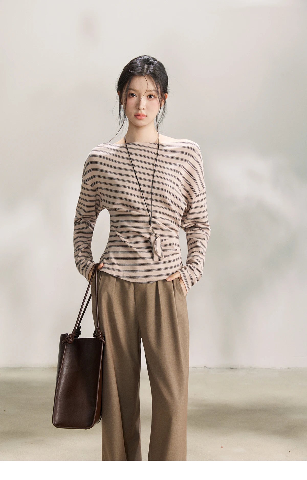 Mishow Striped Boat Neck T-Shirt with Necklace MXF13T1514