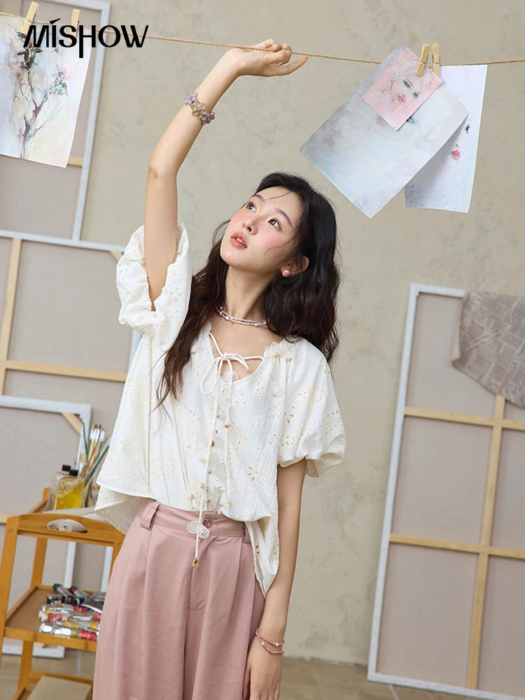 MISHOW Embroidery Jacquard Shirt V-Neck Lace Up Puff Sleeve MXE35X1790
