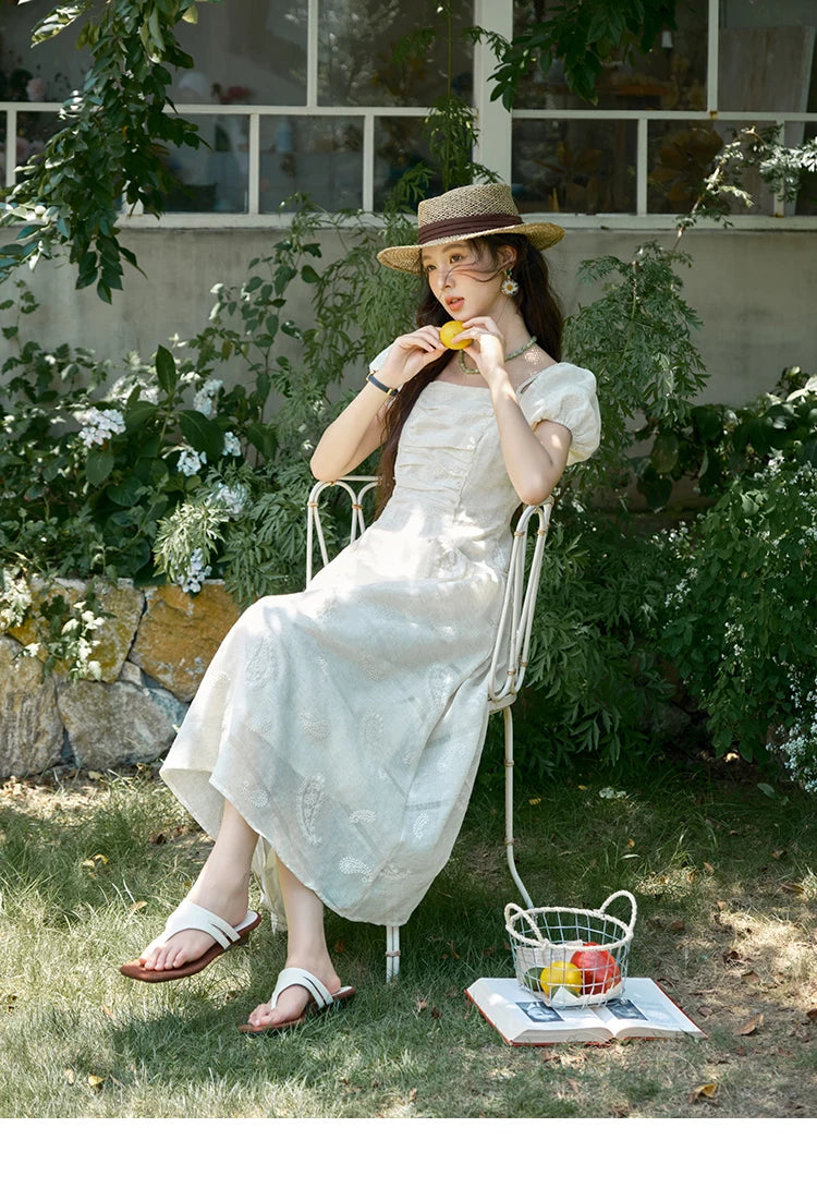 Mishow Paisley Embroidery Square Neck Puff Sleeve Dress MXE34L2265