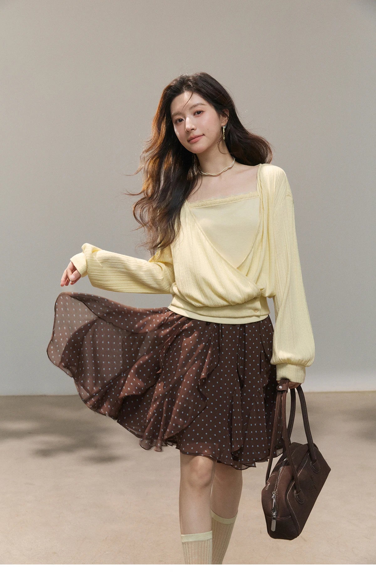 Mishow Lemon Yellow Lantern Sleeve Top & Lace Camisole Set MXF13T1513