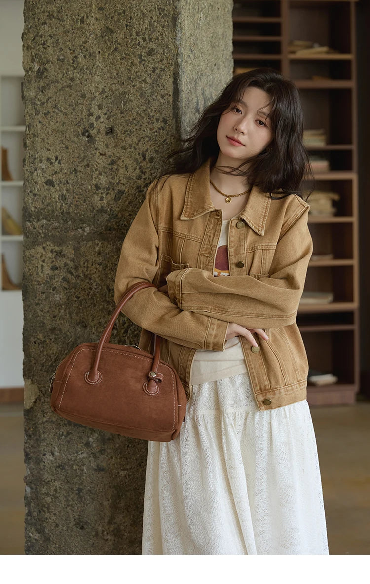 MISHOW Light Brown Denim Jacket Embroidered Pockets Dropped Sleeve MXE41W0795