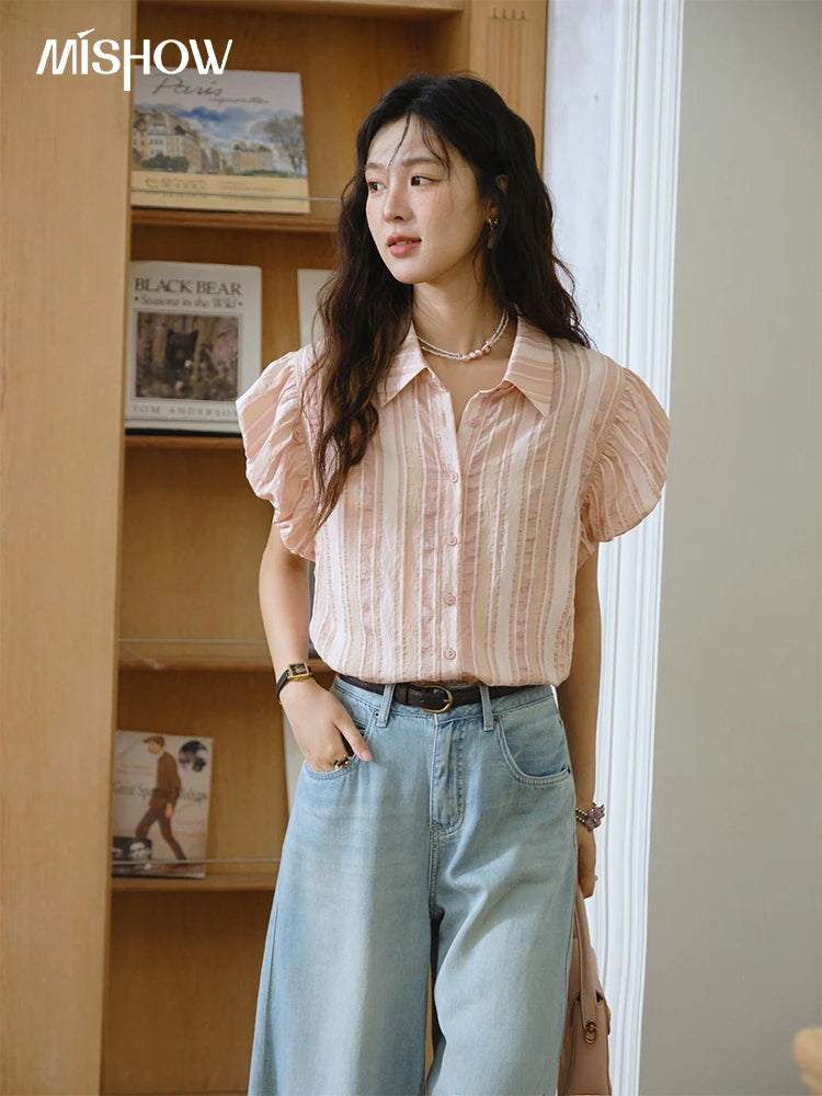 MISHOW Pink Turn-Down Collar Shirt Flower Bud Sleeve Striped MXD24C0204