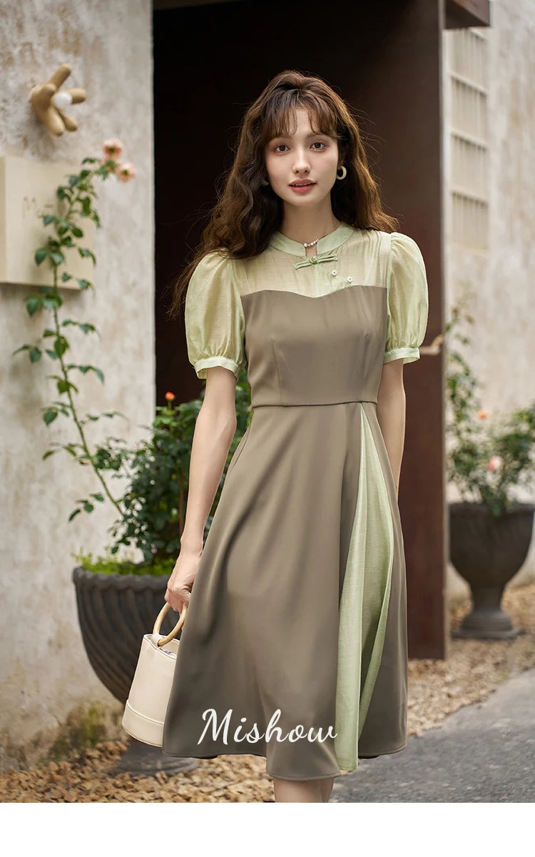 Mishow Chinese Style Puff Sleeve Fake Two-Piece Dress MXC35L1354
