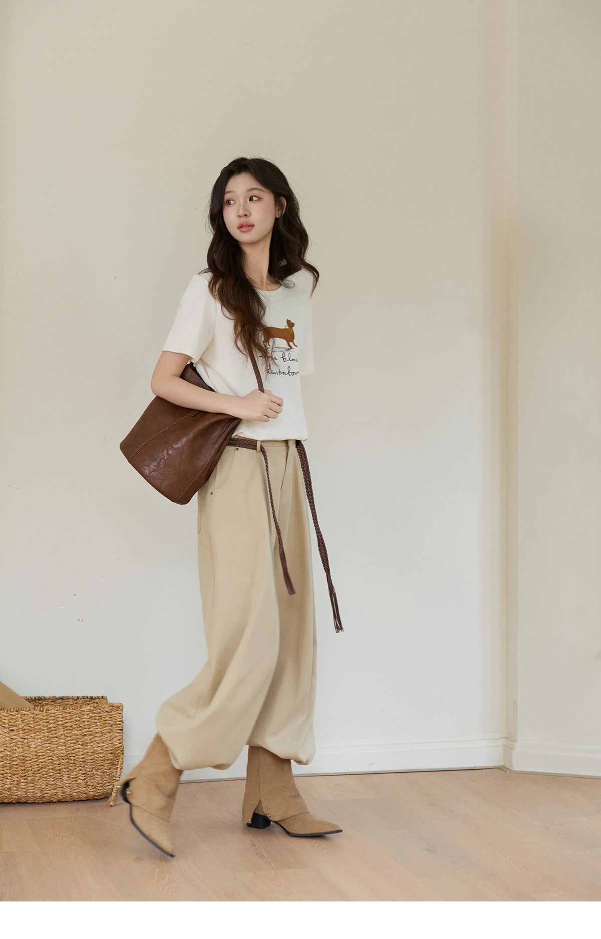 MISHOW Khaki Wide Leg Pants High Waist Belted Rear Pocket MXF13K1237