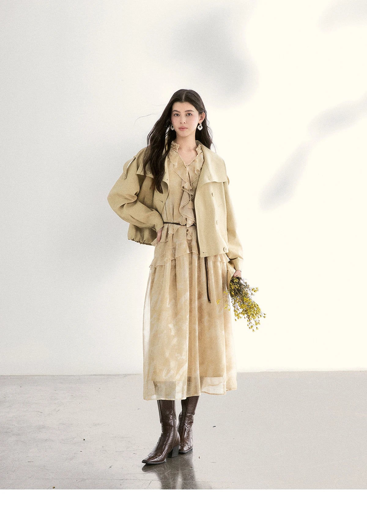 MISHOW Light Yellow Chiffon Maxi Dress V-Neck Ruffled Belted MXF11L2554