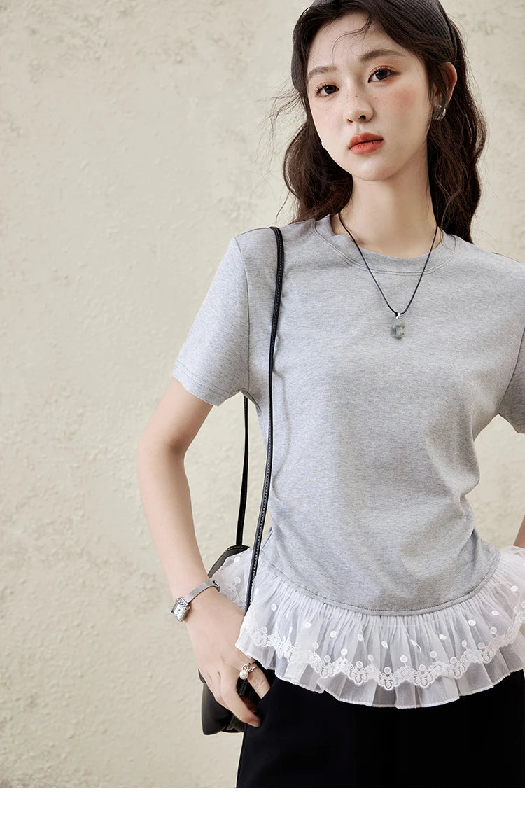 Mishow Lace Hem Splicing Round Neck Tee MXE31T0528