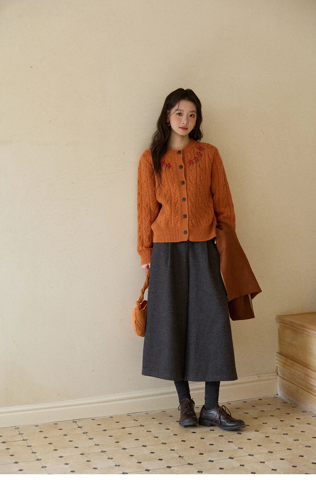 Mishow Orange Cable Knit Floral Embroidery Cardigan MXE86Z2737
