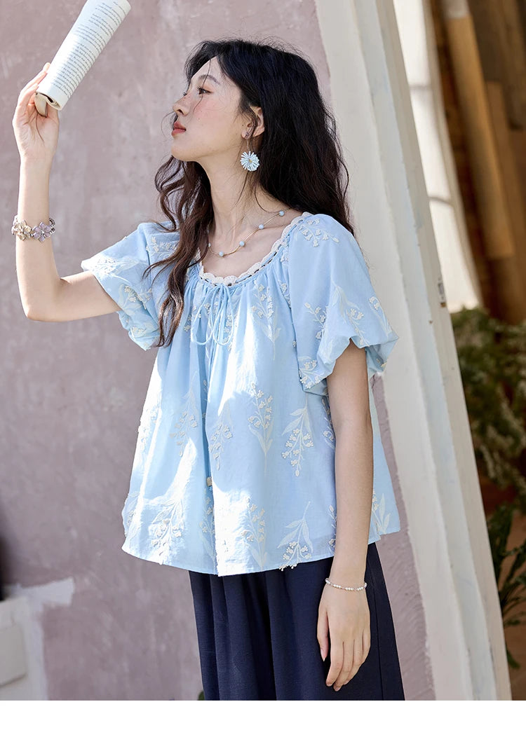 MISHOW Blue Cotton Embroidered Blouse Wave Edged O-Neck MXE35X1791